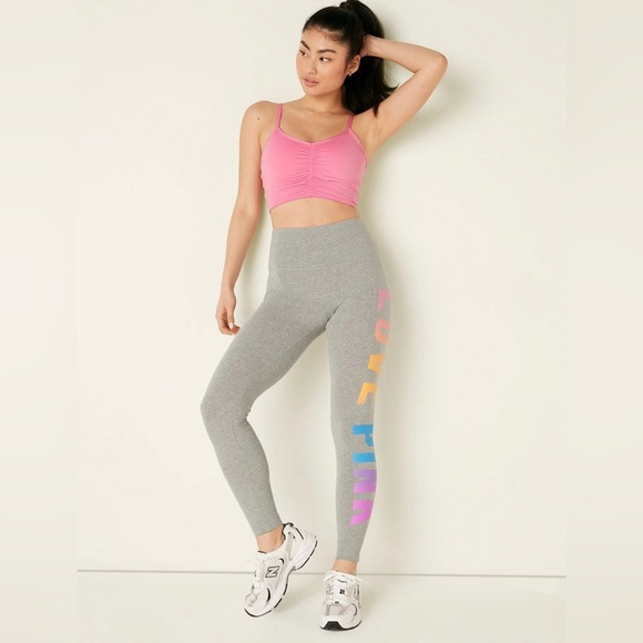 VS Pink Dreamy Pink Short Sleeve Henley Tee & Grey Gradient Rainbow Leggings SET - Picture 10 of 12